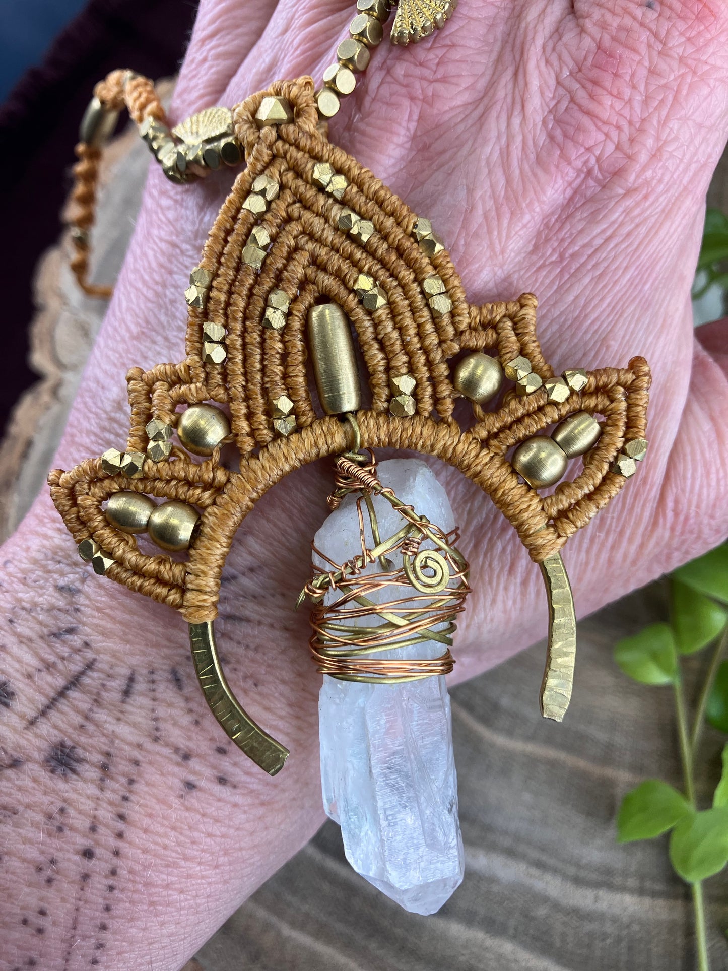 Gold Lotus Macrame & Large Clear Quartz Pendant