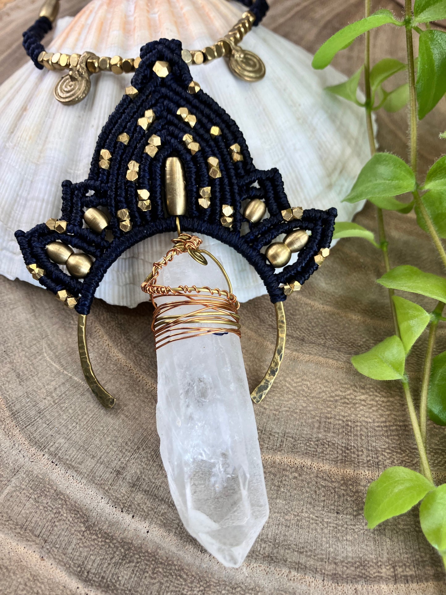Dark Blue Lotus Macrame & Large Clear Quartz Pendant