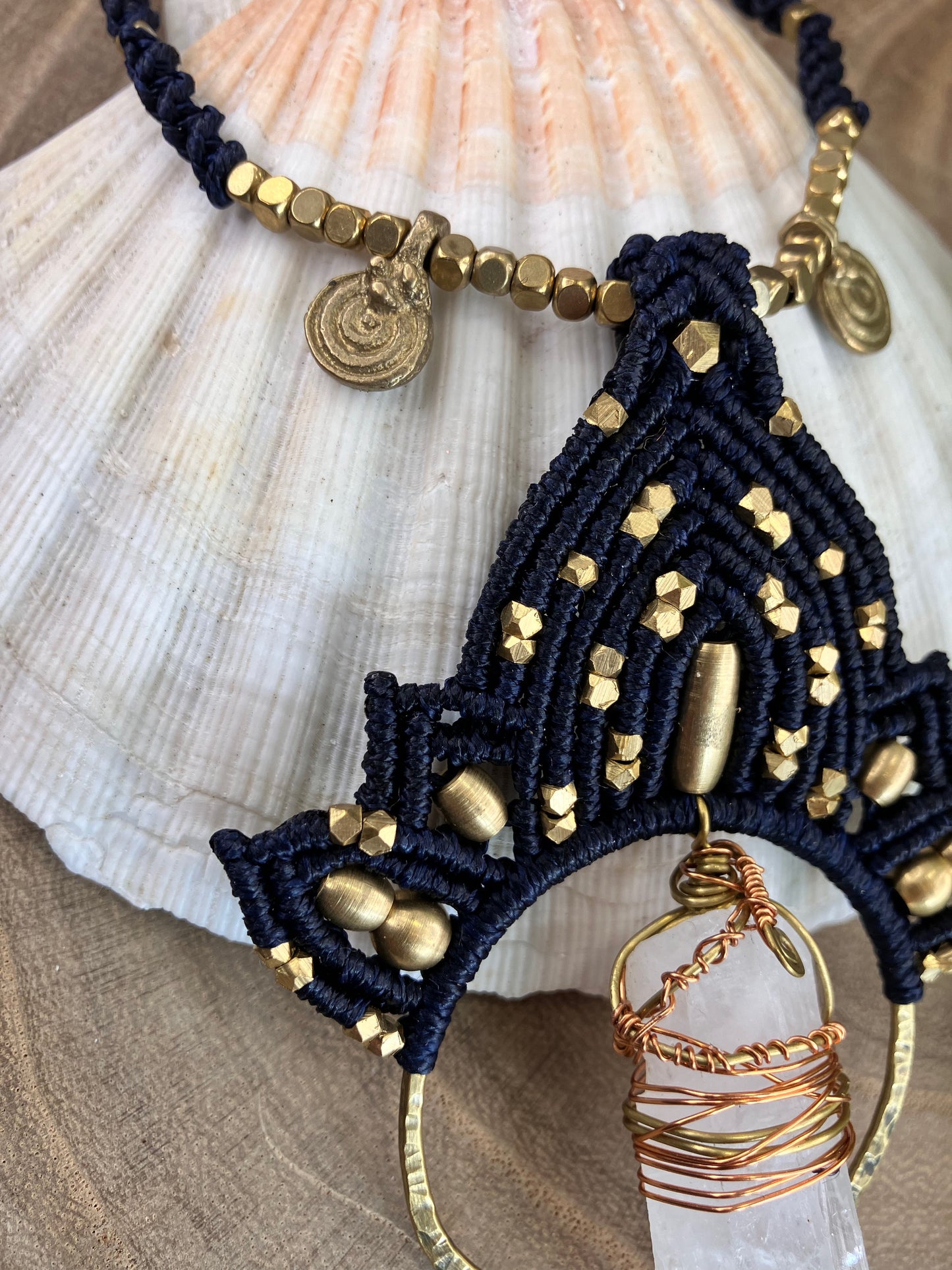 Dark Blue Lotus Macrame & Large Clear Quartz Pendant