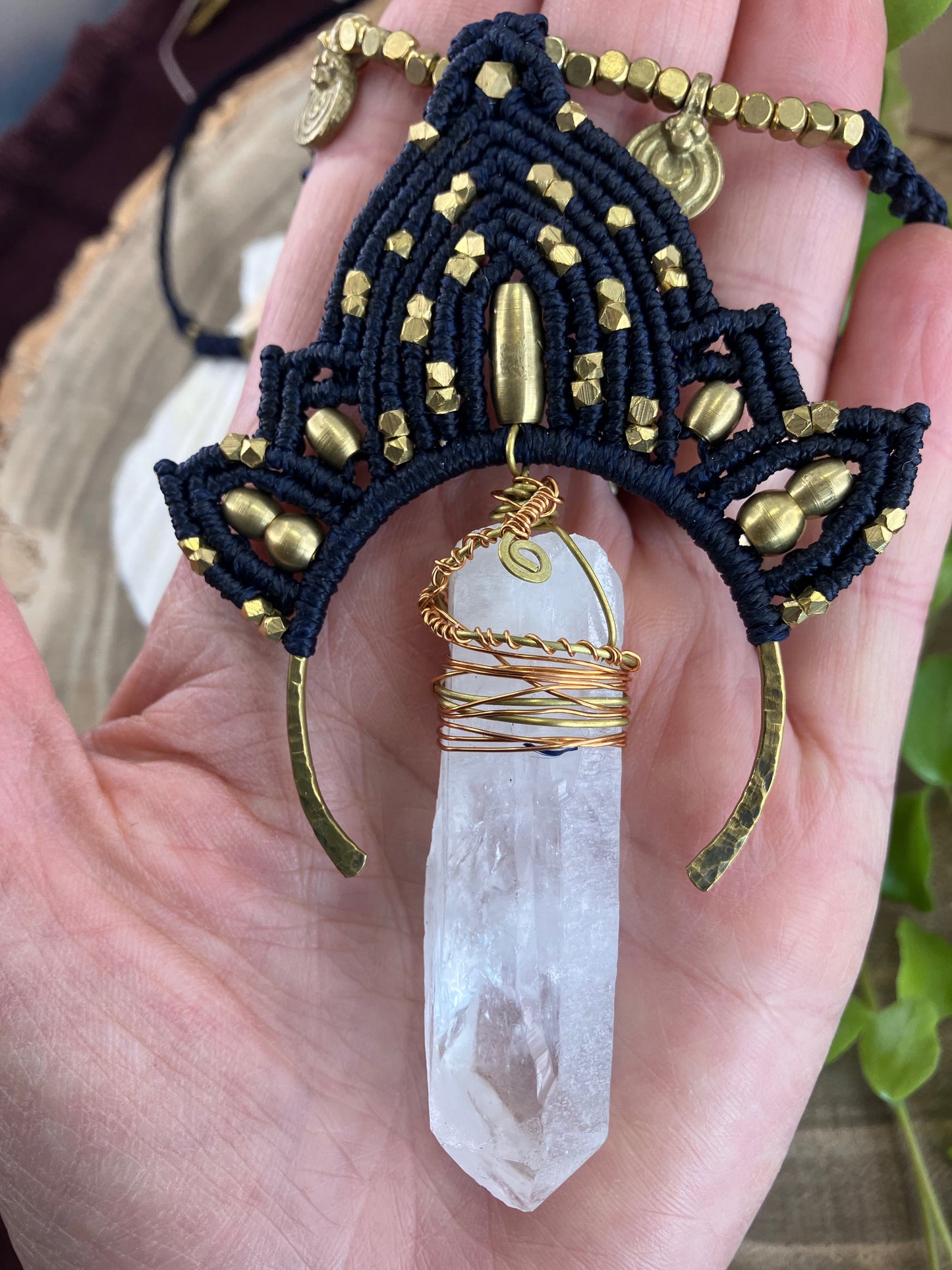 Dark Blue Lotus Macrame & Large Clear Quartz Pendant