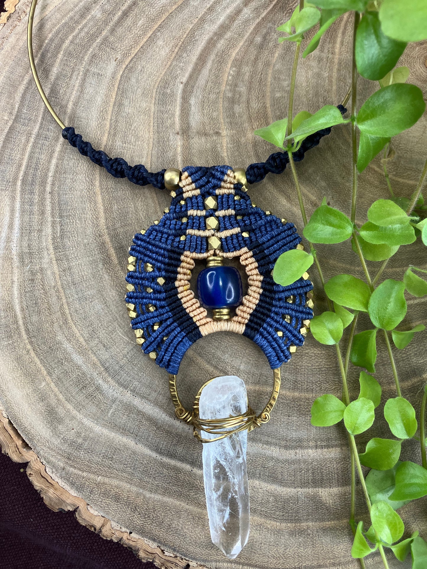 Blue Macrame Collar on Brass