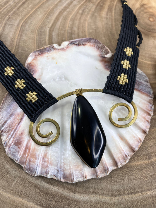 Tribal Black Obsidian Macrame Collar