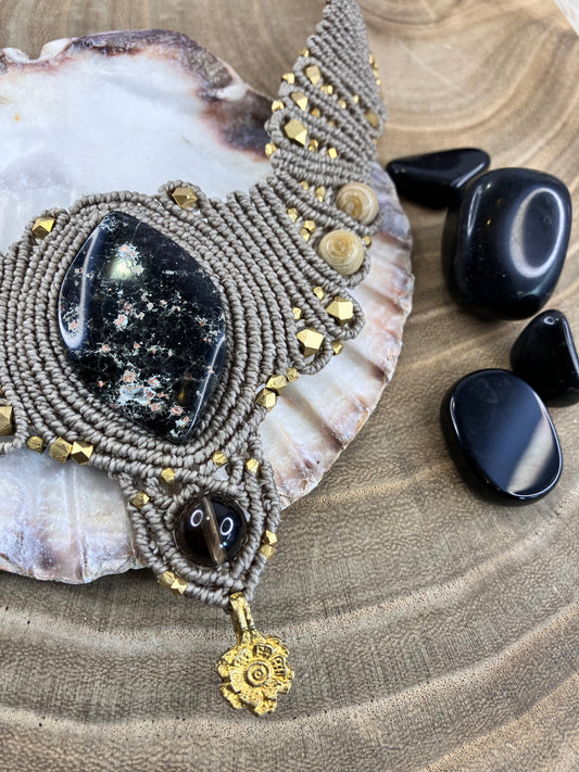 Handmade Macrame Collar with Mexican Obsidian