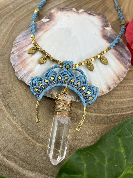 Blue Lotus Macrame Large Clear Quartz Point Necklace