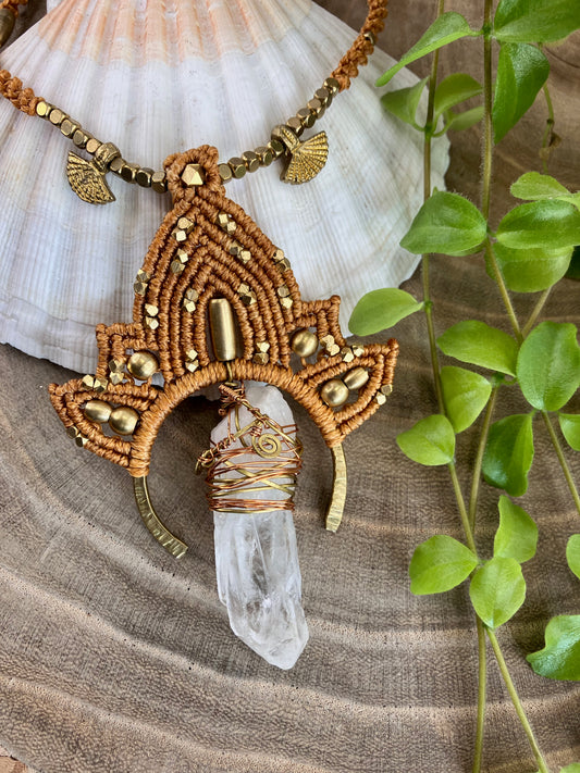 Gold Lotus Macrame & Large Clear Quartz Pendant