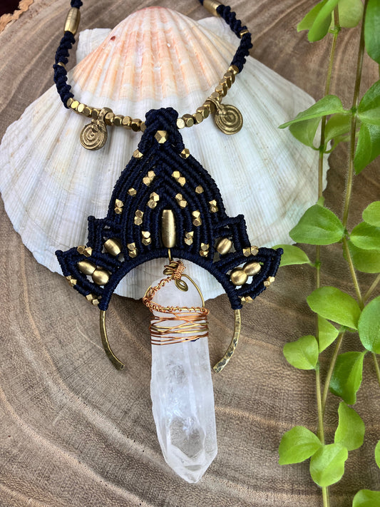 Dark Blue Lotus Macrame & Large Clear Quartz Pendant