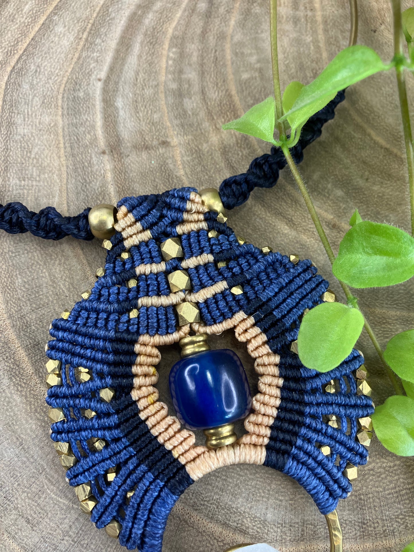 Blue Macrame Collar on Brass